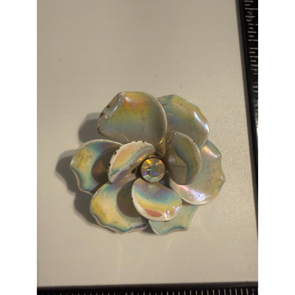 Vintage Iridescent Enamel Flower Brooch AB Rhinestone Center White Gold‎ Tone 2"